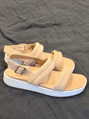 UGG Tan Platform Strap Sandals with White Sole